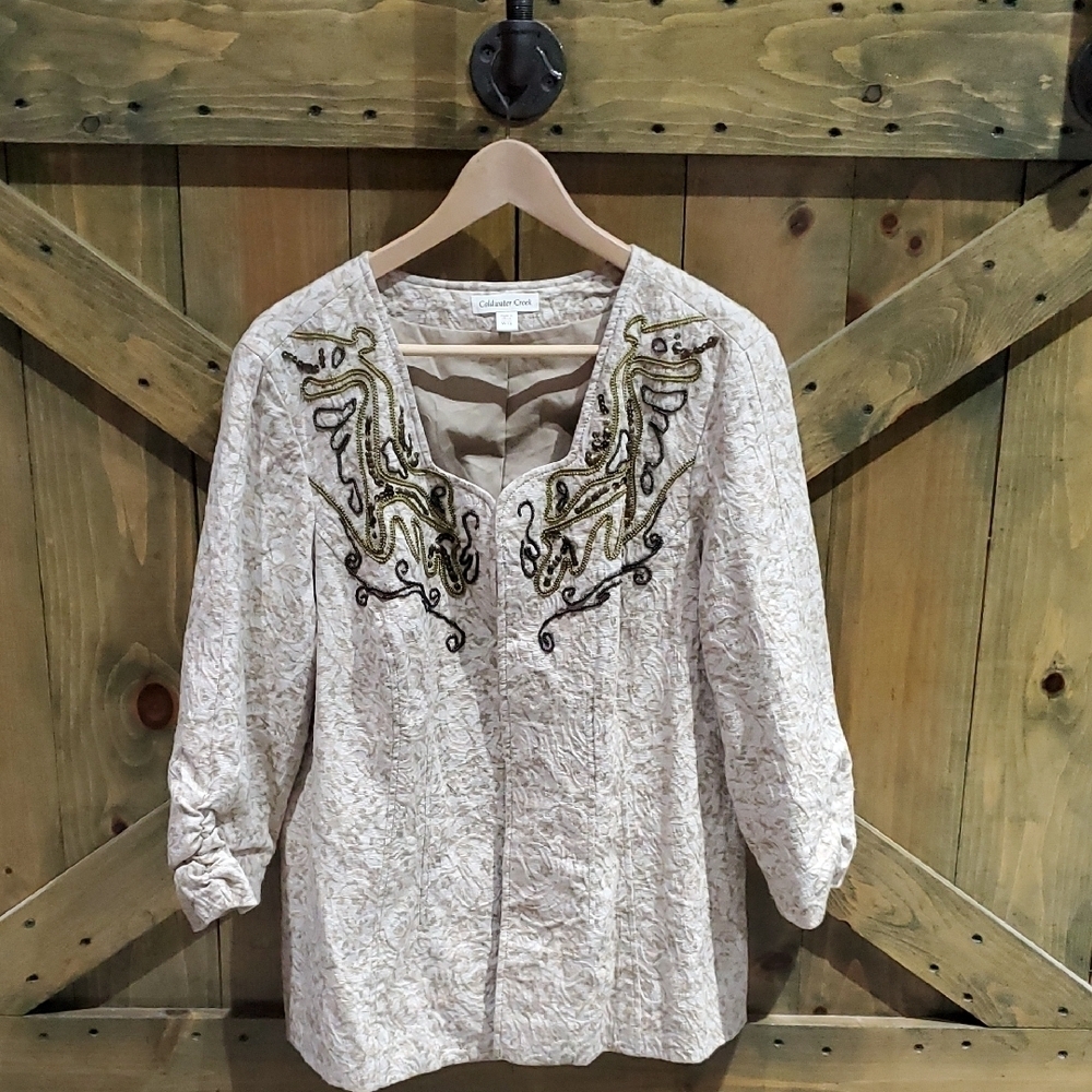 Coldwater Creek Cream Embellished 3/4 Sleeve Blazer With Ornate Beaded Embellish